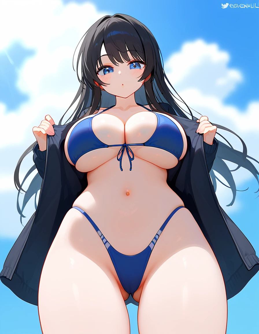 russian girl, teenager, breasts,1girl,navel,big breasts,bikini,ass visible through thighs,wide hips, big ass, blush,open clothes,from below,1other,long black hair,stomach,blue sky,cleavage