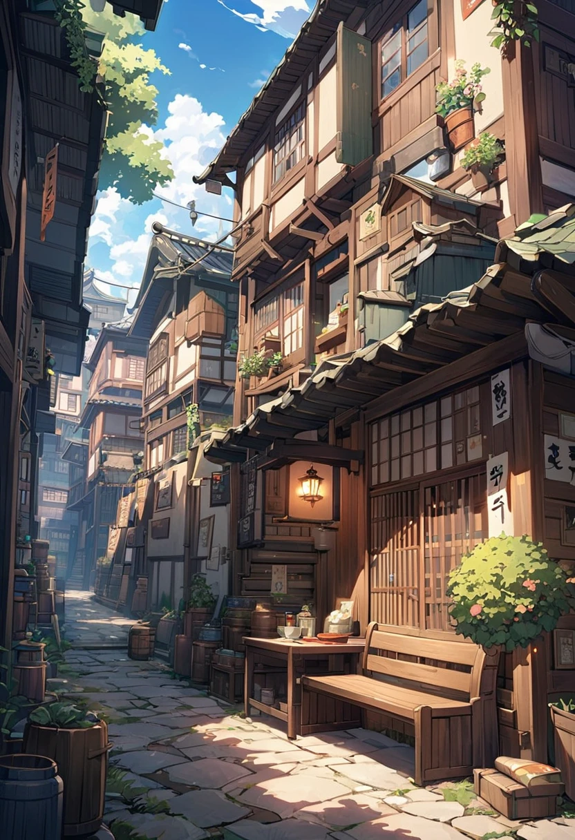 Anime scenery with bench, Japanese anime scenery, Beautiful Japanese anime scenery, Beautiful anime scene, makoto shinkai's style, Anime Background, Old room made of stone, An old lantern and sliced bread are placed on the table, Depict a beautiful cityscape, Beautiful views, The sky and clouds are so beautiful, Street with houses, In the style of Makoto Shinkai, Anime Background Art, Japanese girl, alone,