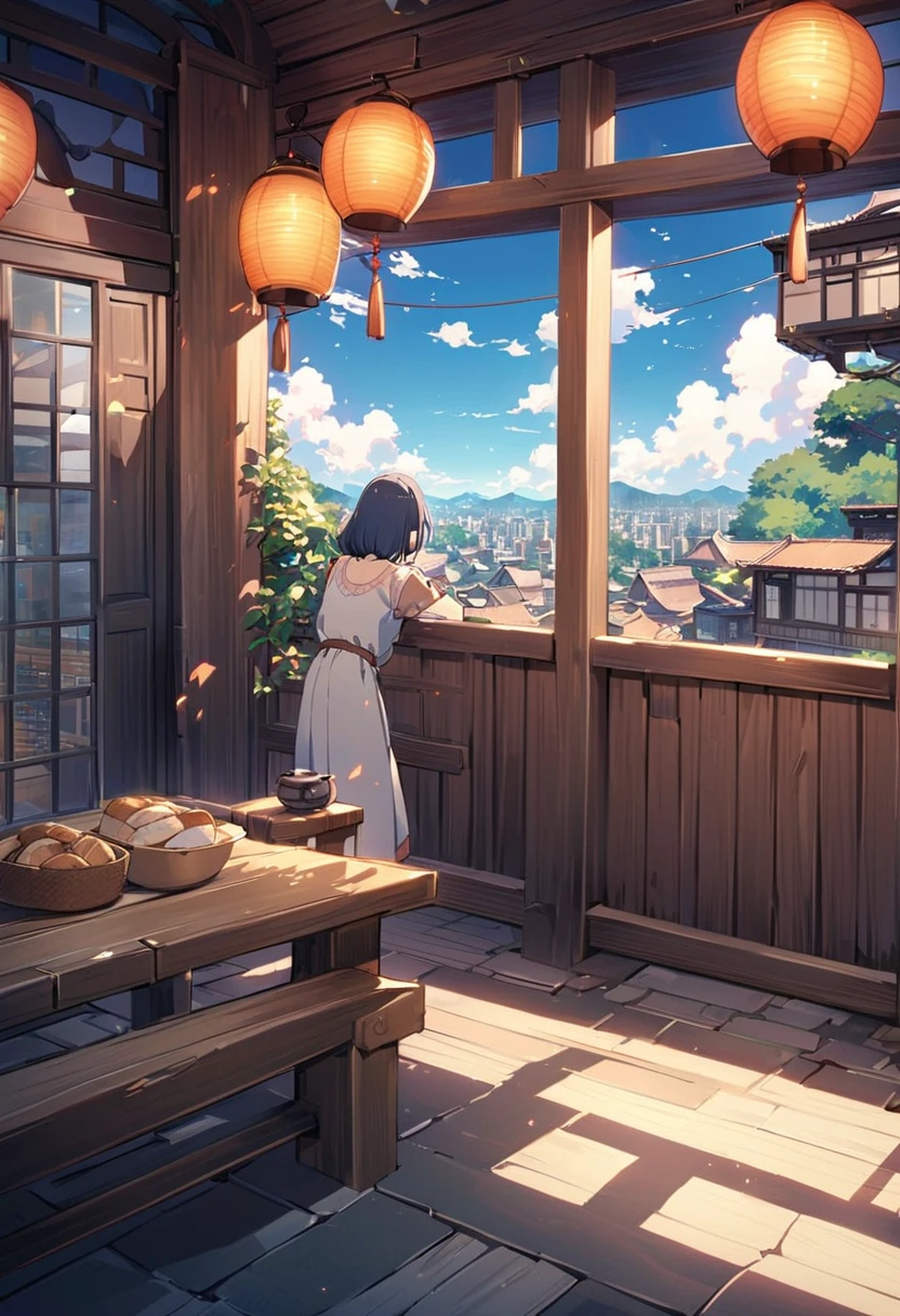 Anime scenery with bench, Japanese anime scenery, Beautiful Japanese anime scenery, Beautiful anime scene, makoto shinkai's style, Anime Background, Old room made of stone, An old lantern and sliced bread are placed on the table, Depict a beautiful cityscape, Beautiful views, The sky and clouds are so beautiful, Street with houses, In the style of Makoto Shinkai, Anime Background Art, Japanese girl, alone,