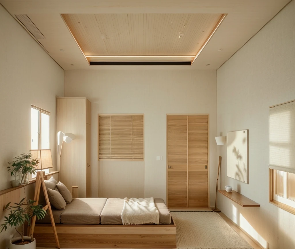 Minimalist Muji-style living room, neutral color palette, natural materials, soft lighting, low-profile white couch, wooden chair, natural wood coffee table, indoor plants, minimalist wall art, woven rug, natural light, tranquility, functionality, harmonious blend

((8k)), high quality detail, soft lighting, minimalist design, neutral color palette, natural materials, clean lines, serene and inviting, modern Japanese aesthetic, flat ceiling, recessed downlights.
