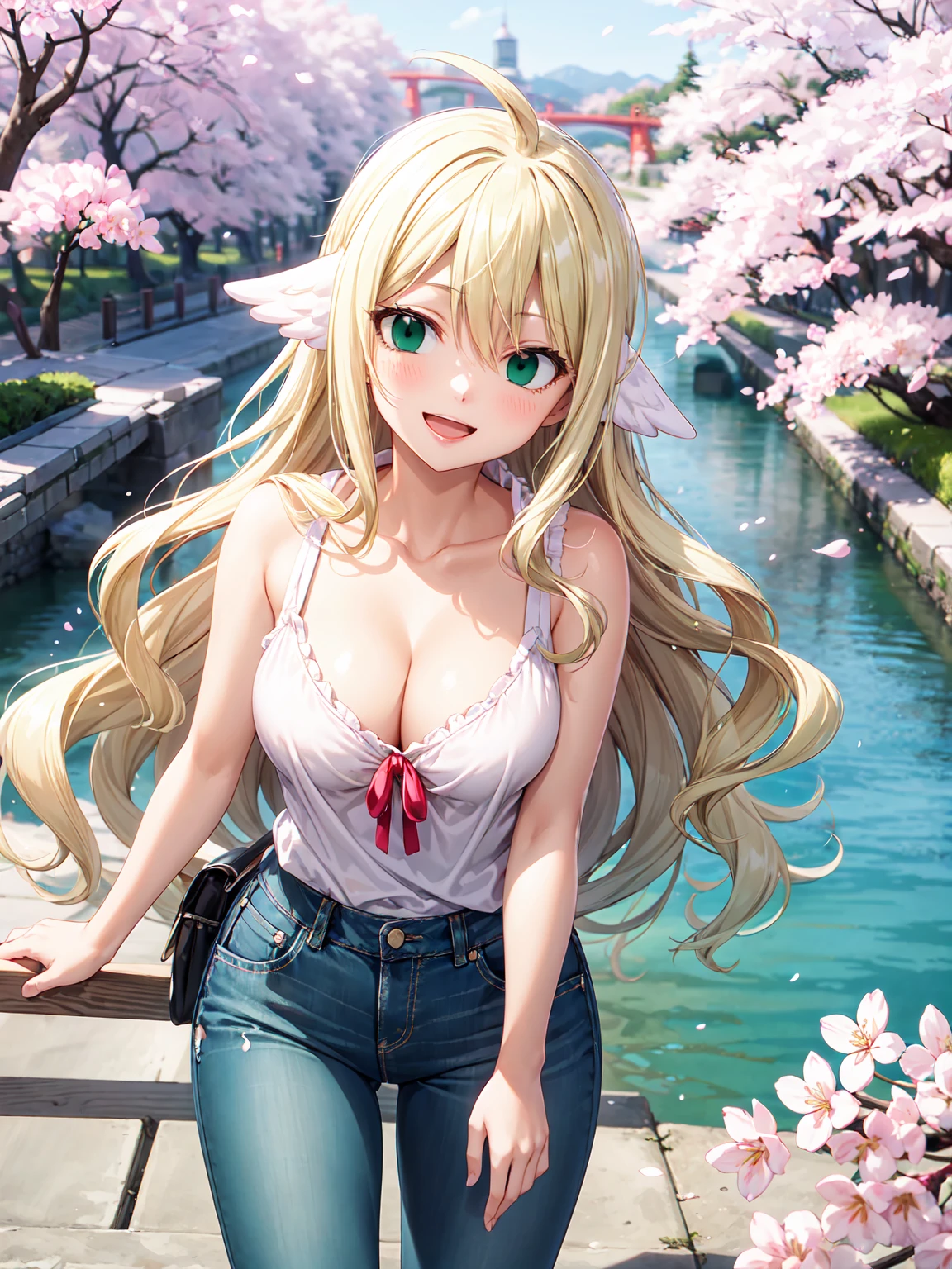 Masterpiece ,best quality , high resolution , (1 girl solo:1.38) , (mavis , long hair, blonde hair, (green eyes:1.5), ahoge, wavy hair) , (cleavage:1.2) , (medium breast:1.28) , (wear top tank , denim_micro short , , short short , strong wind , big wing , head tilt ) , (cleavage:1.15) , (big breast:1.1) , (face view , look at view , smile , open mouth) , (standing) , (outdoor, river beside , on bridge , japaness bridge , street , cherry blossoms , cherry tree)