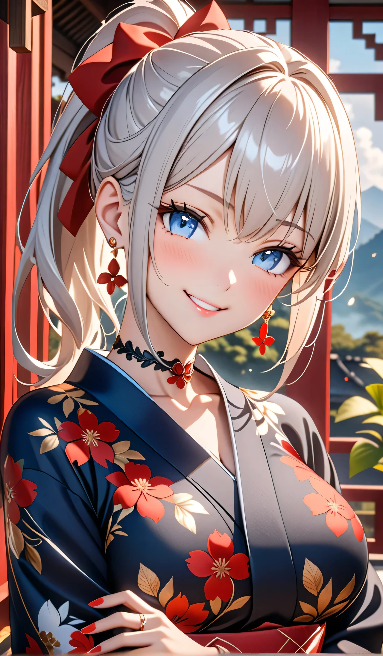 ultra-detailed, ((one girl)), hyper detailed, absurdres, 8K,Cute face, (Laugh shyly), ((teasing smile:1.8)), ((Wink:1.8)), (Laugh with your mouth wide open:1.3),(Tilt your head:1.3), (crossed arms:1.3), View your viewers, ((Bright red cheeks:1.6)),Glossy Red Lips, ((Big Breasts:1.5)) (valley), night, Shrines in the countryside, (Brighten your face), ((Anime style background)),masterpiece, Highest quality, so beautiful,Latest, Complex details, (Pink long nails), (nail art), (ring),(bracelet), (Floral Choker),AI-generated, Complex,High resolution, Highest quality, super high quality,3D Images、3D Images,One person,Long white hair,(High Ponytail), Anime woman posing for a photo, ((Fine grain, pale blue eyes, glowing eyes:1.4)), (Squint your eyes:1.1),a hyperRealistic , hyperRealistic , Realistic,Anime woman with long white hair, Smooth anime CG art, With gold embroidery、A girl in a gorgeous kimono, ((Black long sleeve kimono:1.5)),(Red large floral pattern) ,Long flower hair ornament,Floral Earrings,Mature Body,tall,Abdominal muscles,Narrow waist,((portrait:1.9)),(front view),