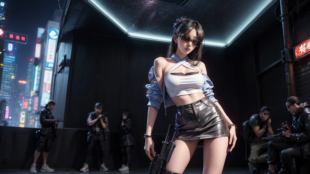 8k, Realistic Skin Texture, Realistic Photo, Neo Tokyo, slim women, large-breast:1.4 cleavage:1.3, AD2050 at night, Dirty hunting jacket, Wearing tube top, miniskirt, (((black sunglasses, automatic rifle, sneakers, cold, shooting pose, very low angle view))), Innovative composition, revenge, cyberpunk, blade runner worldview, Large neon sign, Geisha hologram sign, Strong Wakamoto Sign.