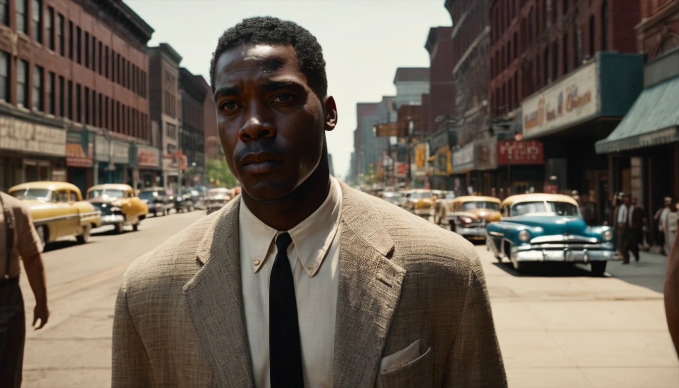 A black man arriving in Cleveland in the summer of 1953, surrounded by bustling streets and people. He looks determined and ready to start a new chapter in his life. cinematic action, cinematic lighting, backlighting, masterpiece, anatomically correct, textured skin, super detail, 8k atmospheric perspective, depth of field,