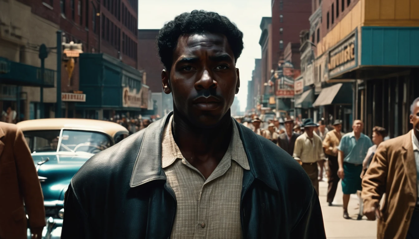A black man arriving in Cleveland in the summer of 1953, surrounded by bustling streets and people. He looks determined and ready to start a new chapter in his life. cinematic action, cinematic lighting, backlighting, masterpiece, anatomically correct, textured skin, super detail, 8k atmospheric perspective, depth of field,