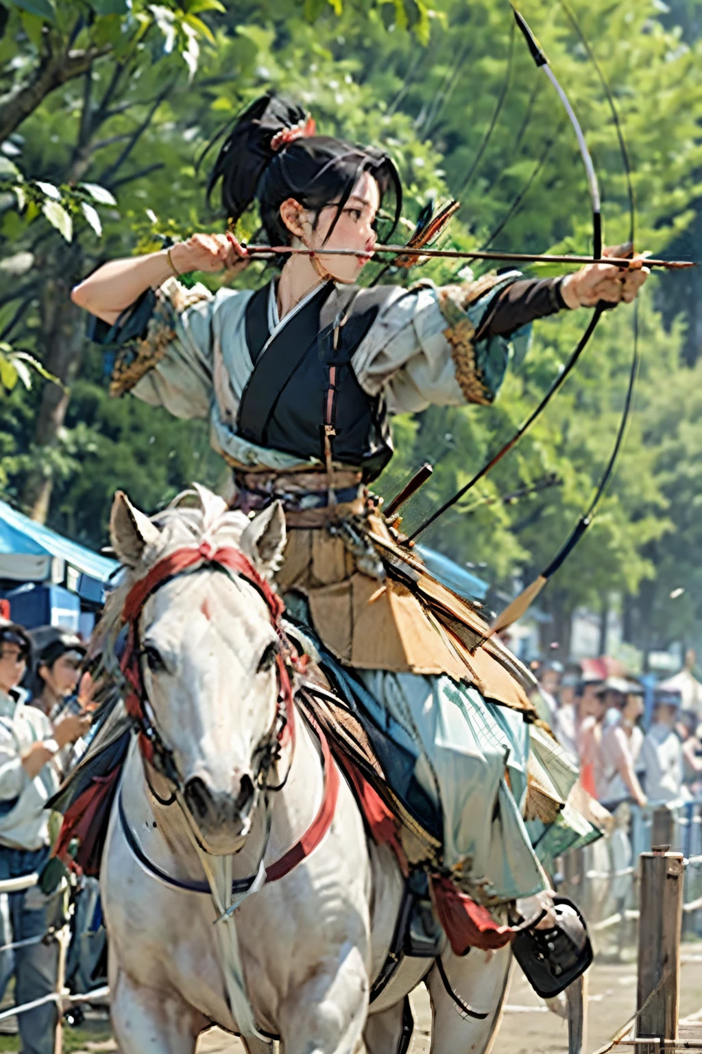 (masterpiece, best quality:1.2), yabusame, beautiful girl, horseback riding, (from right side:1.2), (holding bow in left hand:1.2), long bow, (holding arrow:1.2), (kaburaya:1.2), kyudou-hikiwake, outstretched arm, black igote, deerskin mukabaki, galloping horse, red munagai, sea side,