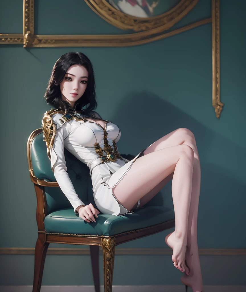 gothic woman, beautiful, short hair, green black color, green eyes, sitting in an armchair, with a black metal shirt, in a room with a poster, a table and computer, bare legs, with white panties, (barefoot) a girl with a serious look, big breasts, and feet with black painted nails