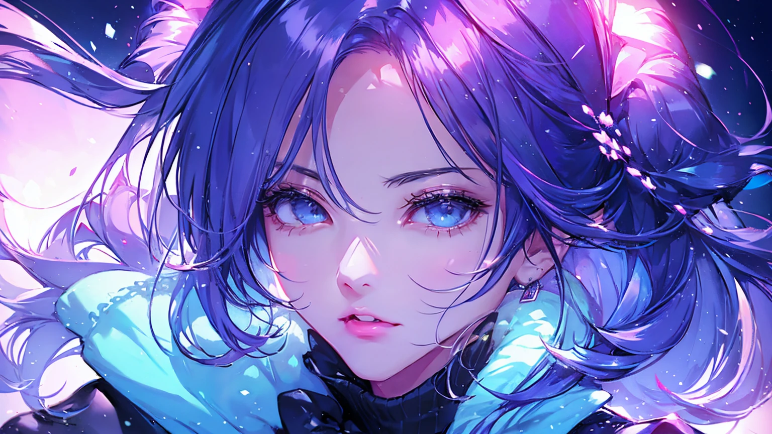 illustrator, anime , realistic ,sketch , 1 girl, ,lip, sweater,order, Blue gradient background, neon hair,Textured trim, Canadian, (masterpiece,Best quality) ganyou