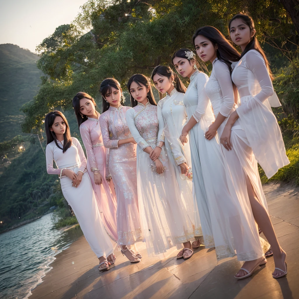 A charismatic man, exuding confidence and charm, stands surrounded by seven young Vietnamese women dressed in white lace outfits and farmer's hats. Some gently place their hands on his shoulders or body, creating an intimate and intriguing scene. In the background, a quaint Vietnamese village hut completes the setting. This captivating image, whether a painting or photograph, is rich in detail, with vibrant colors and a sense of story unfolding. The composition is impeccable, offering a glimpse into a moment of connection and intrigue.