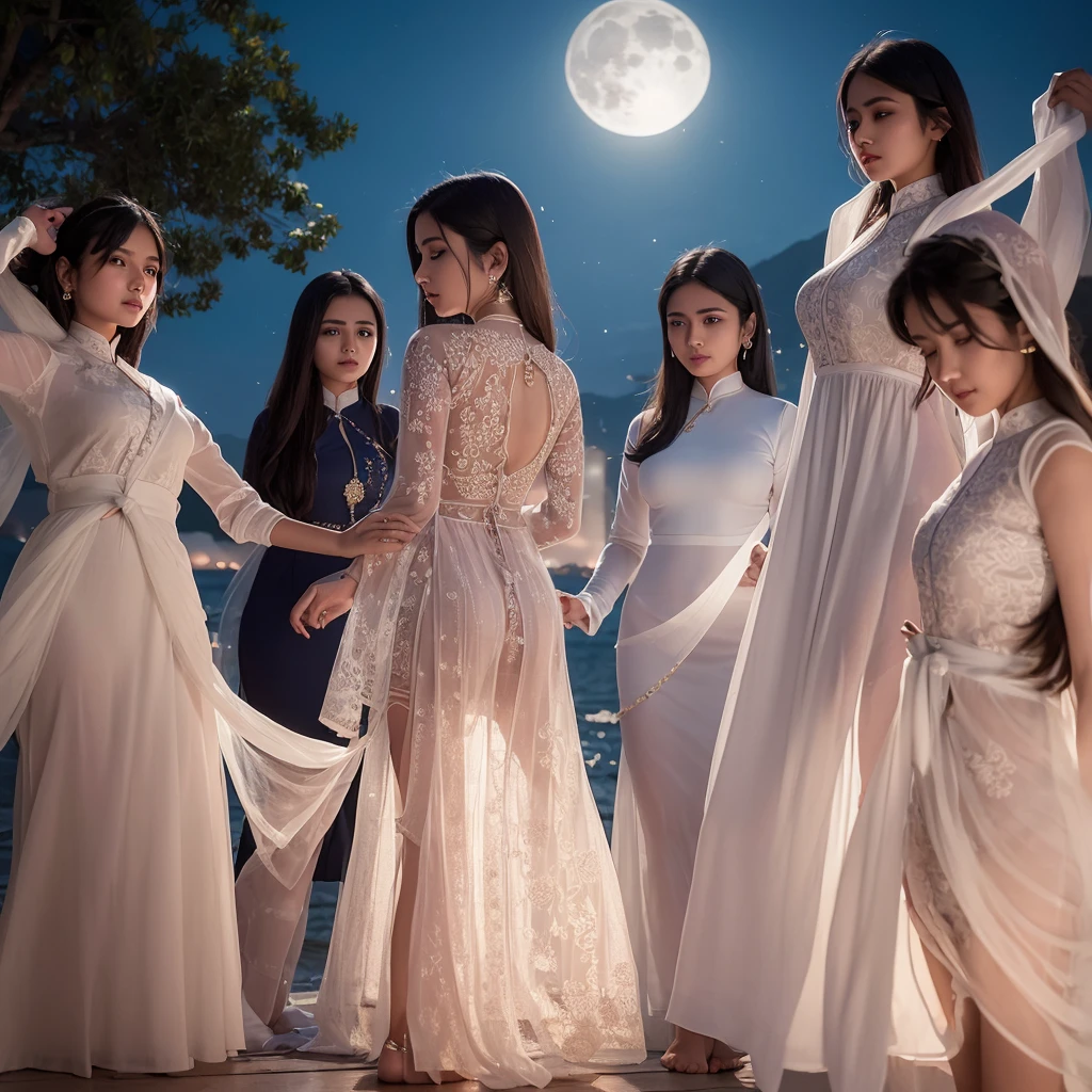 A group of young indian women with admirable beautiful faces, wearing tight short vietnamese ao dai,skirts,Gauze material,Light transmission, lots of clothing details, reflect moonlight, at night, by the sea, One of the character's feet is raised,pose,night,Moonlight shines through clothes,high-definition, detailed lighting and shadows, high-definition photography, Big deep sexy nav by the water, The whole body is wet, wet hair,Sticking out tongue,Slobber,Obscene expressions,full-body portrait shot