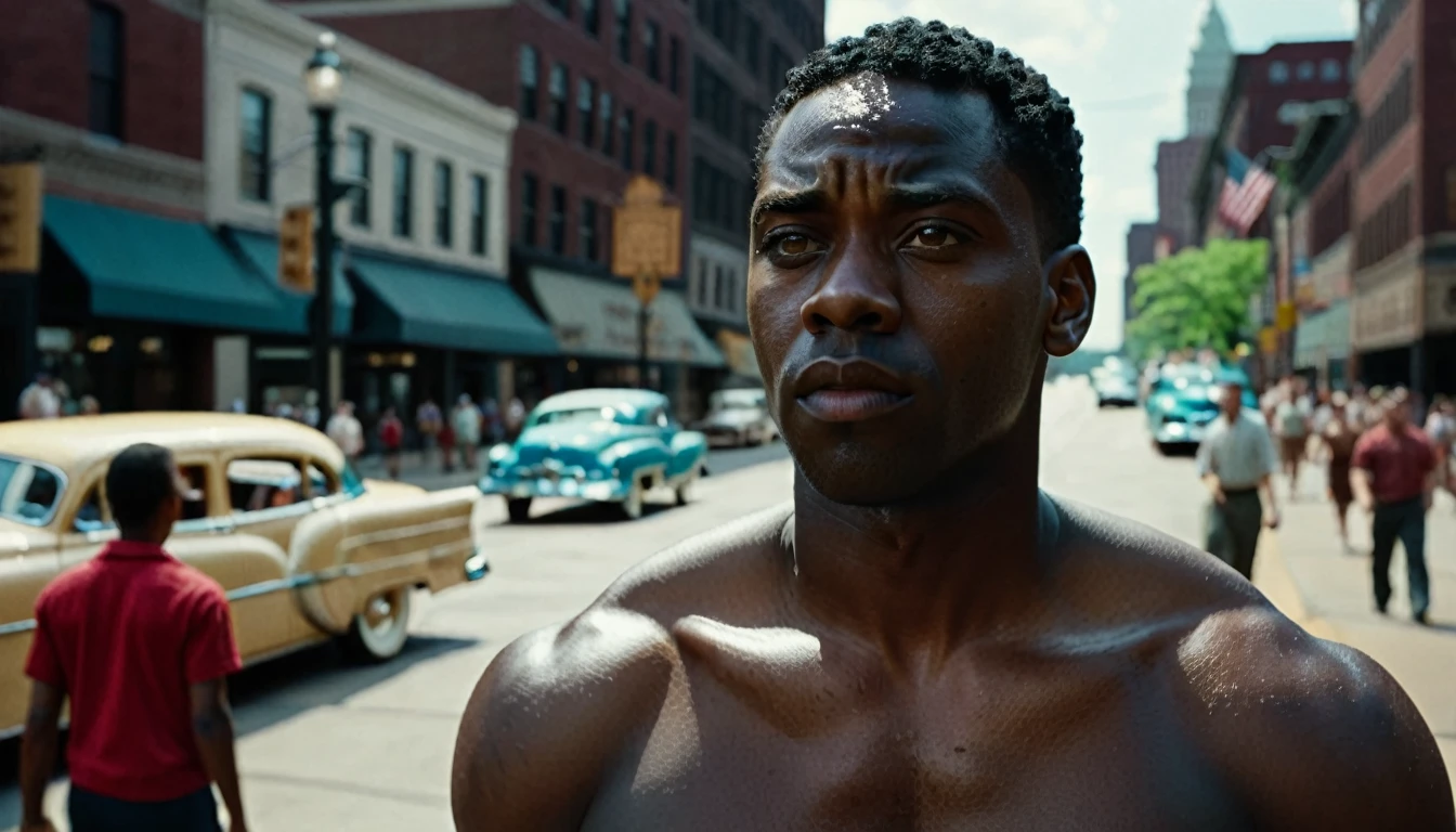 A black man arriving in Cleveland in the summer of 1953, surrounded by bustling streets and people. He looks determined and ready to start a new chapter in his life. cinematic action, cinematic lighting, backlighting, masterpiece, anatomically correct, textured skin, super detail, 8k atmospheric perspective, depth of field,