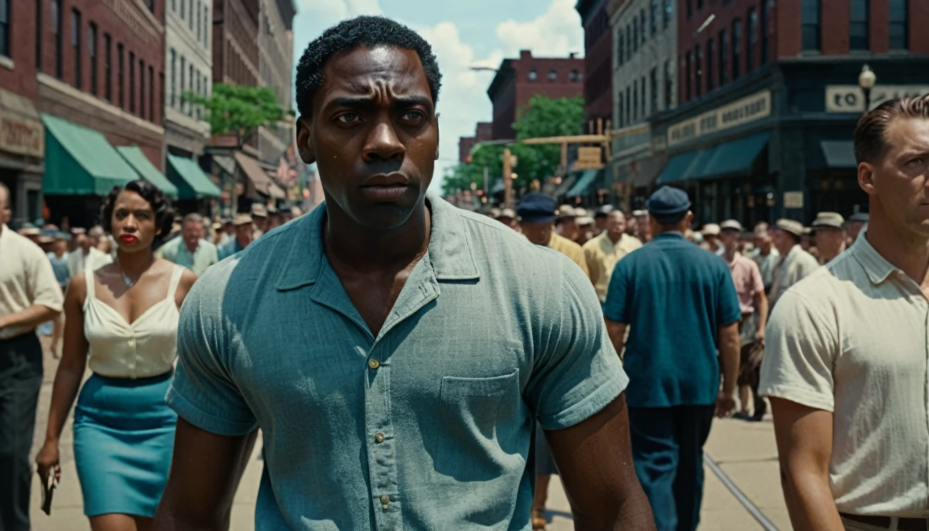 A black man arriving in Cleveland in the summer of 1953, surrounded by bustling streets and people. He looks determined and ready to start a new chapter in his life. cinematic action, cinematic lighting, backlighting, masterpiece, anatomically correct, textured skin, super detail, 8k atmospheric perspective, depth of field,