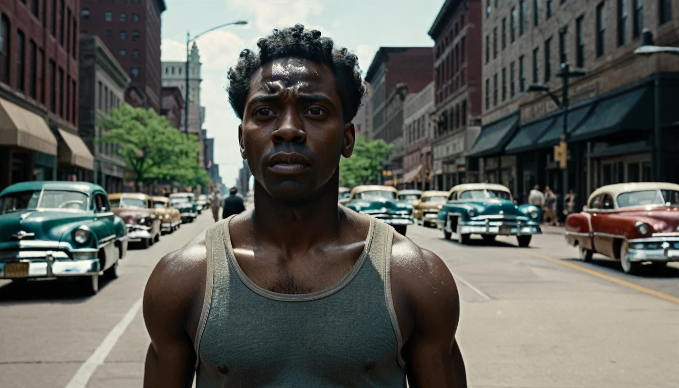 A black man arriving in Cleveland in the summer of 1953, surrounded by bustling streets and people. He looks determined and ready to start a new chapter in his life. cinematic action, cinematic lighting, backlighting, masterpiece, anatomically correct, textured skin, super detail, 8k atmospheric perspective, depth of field,