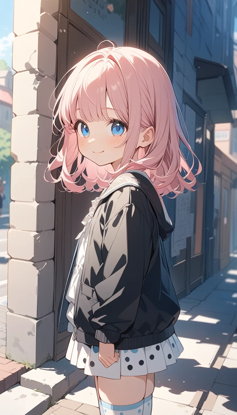 Anime Style, Very detailedなイラスト, Very detailed, beautiful, 8K, ( alone), Cute baby face, So cute, smile,｛Black jacket, Plain,Plain cardigan｝, (Outdoor, Town Street) ,Pink Hair,short straight bangs, smile,blue eyes, , Please raise your hand, From the side ,(Spotted sunlight:1.2),Blurred,(Written boundary depth:1.1),Tilt your head,(Thigh-high socks:1.3),(Upper Body:1.3)
