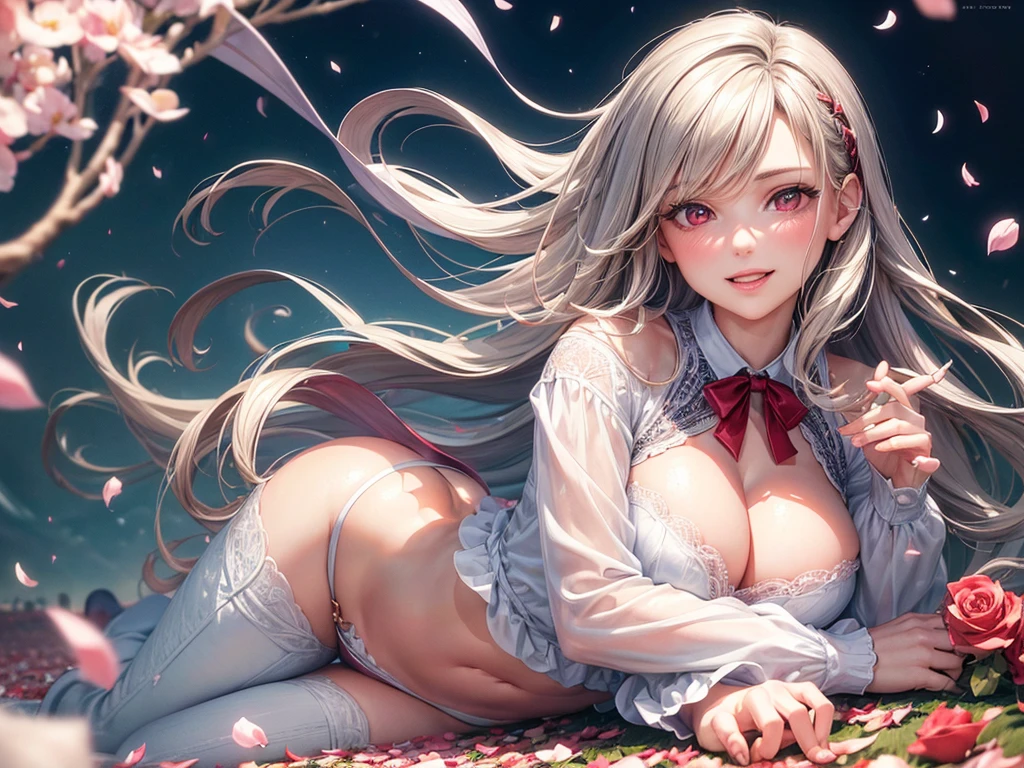 (best quality, ultra-detailed, photorealistic: 1.39), Face of naughty 29 year old ager, bright and vibrant colors, studio lighting, romantic expression, Perfect big breasts, cute blouse, long sleeves, jeans, Short, Wavy hair with ribbon in the blonder hair, bangs flowing in the wind, attractive eyes, lips bright, sexy pose, smiling seductively, posing for a professional photo shoot, soft natural lighting, creating a dreamy and magical atmosphere, fields of roses, petals in the air, gray hair, red eyes, thin belly, big and big ass