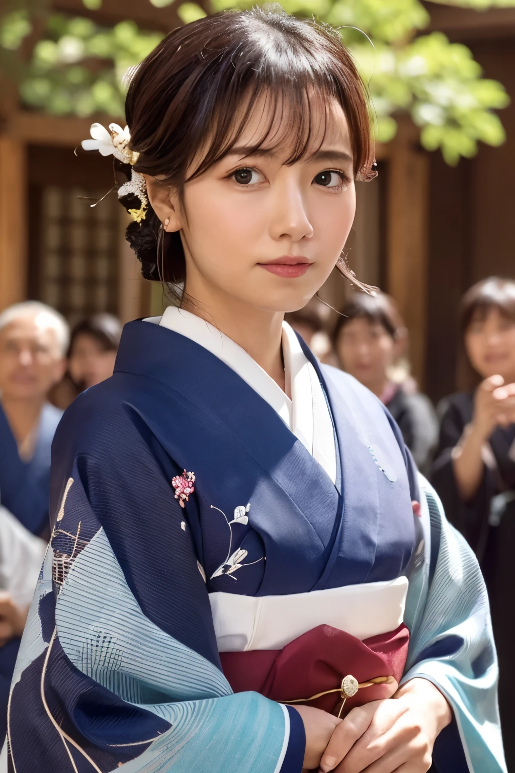 ((Top Quality, 8K, Masterpiece: 1.3)), Sharp Focus: 1.2, (Super Beautiful Face: 1.0), (Slender Abs Beauty: 1.0), (Shiny Skin: 1.0), Realistic Photography, Black Hair, Realistic Pupils, Video Lighting, High Definition Eyes and Face, Video Lighting, (Cowboy Shot: 1.3), (kimono, hakama, obi: 1.4), (Japanese Cute Actress), in nature, traditional kimono, happy, Looking at the audience, head on, correct body anatomy