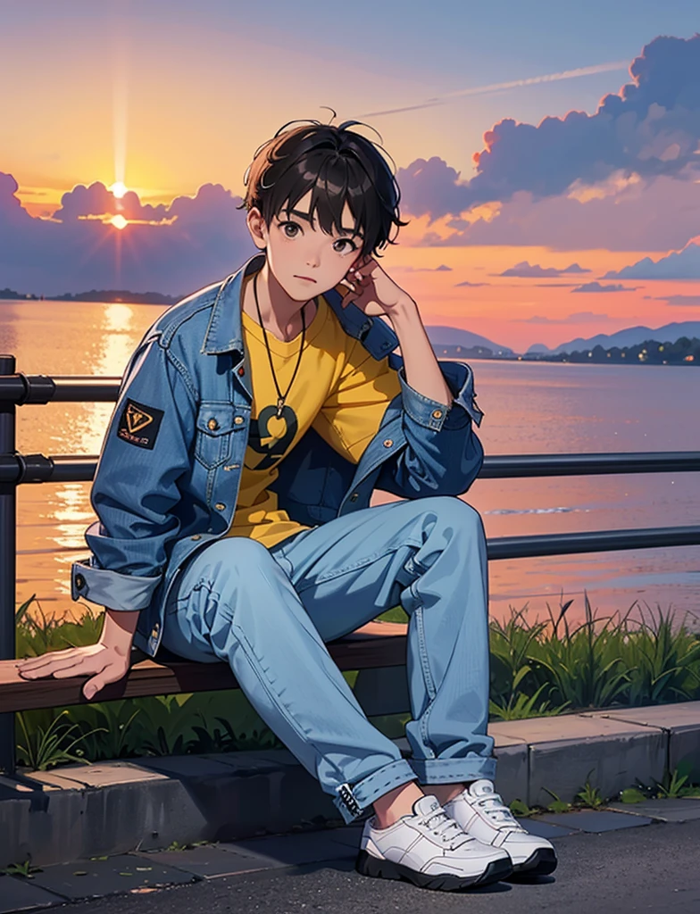 The boy sitting, smoking cigarette, anime,beside the river, sunset time, high resolution,