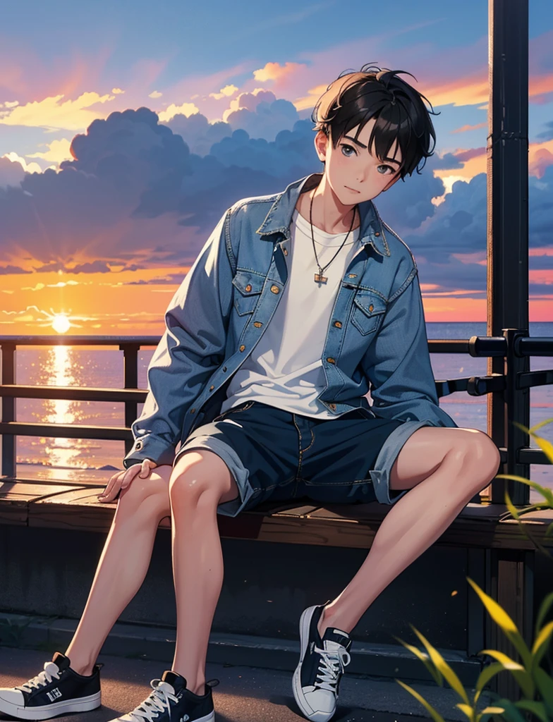A young boy with，Wear a denim jacket，Wear sneakers，With a necklace，Wrist watch，Sit on a wooden bench on the side of the road，Look at the clouds in the sky，Pedestrians shuttling，Sunset and sunset，Close-up full body photo，Ultra-high definition