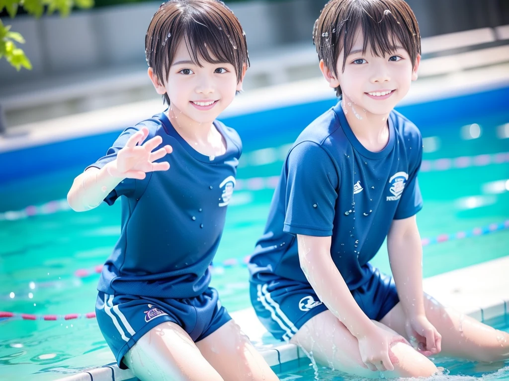 Summer vacation elementary school、Summer swimming pool、Get wet all over、Japan Boy、Glowing water splashes、A good boy dripping with water、Playing innocently、hot day、Two Boys、Various poses、Short sleeve gym uniform、Blue shorts、physical education、barefoot，Boys only 、１０age