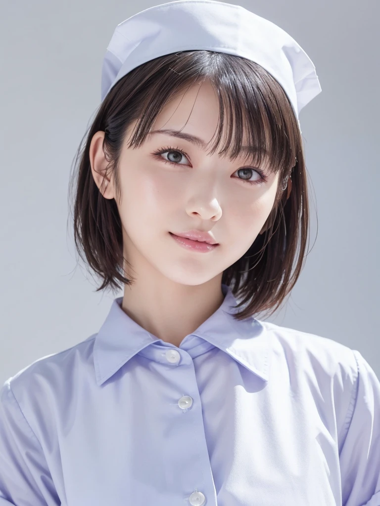 1. A pure woman,(Wearing white nurse clothes:1.2),(RAW Photos, Highest quality), (Realistic, photo-Realistic:1.4), masterpiece, A very delicate and beautiful 25-year-old woman, Very detailed, Great Skin, Detailed face, A cool smile、Clean look、 Twinkle Eyes, double eyelid, Ample breasts、High resolution, Soft Light, Beautiful detailed girl, Very detailed eyes and face, Beautiful and detailed nose, nurse, Perfect Anatomy, Black Hair, Upstyle, nurse uniform, ((nurse cap)), hospital, clear, White Uniform, hospital room, ((High resolution)),  short hair, bangs,Face Focus、