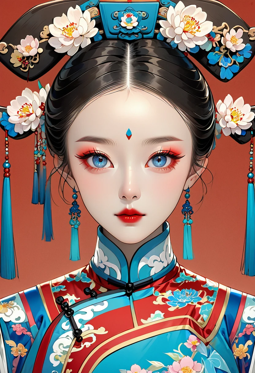 Makeup for Qing Dynasty Palace Drama,Thick coating of the board,Colored pencils,Procreate board drawing beautiful digital art,Clean lines,Beautiful Chinese Qing Dynasty Princess,Bright Eyes,Exquisite facial features,(((Qing Dynasty flag head,Flowers))),Symmetrical Qing Dynasty clothing,Bright colors,High Saturation,Red background