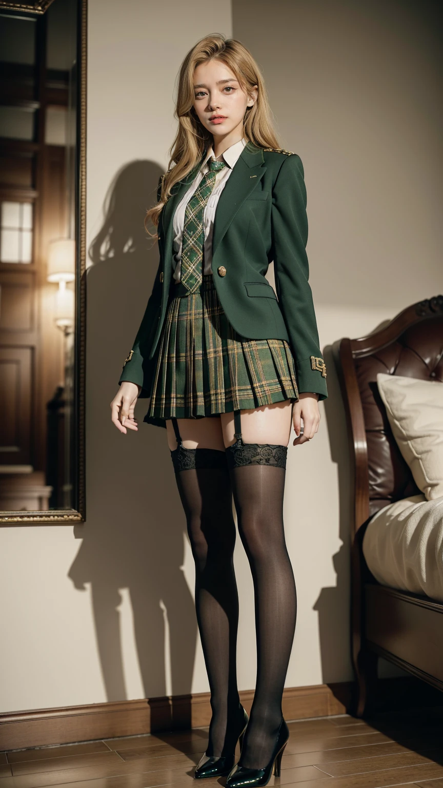 UHD,8K,girlvn01, 1girl,school,Big Eyes,Stunningly Beautiful Girl,green suit,Epaulette, pleated plaid green skirt,plaid red necktie, Long shaped face,Sandy Blonde side-swept hair,standing ,black stocking ,sofa,student boots high heels,full body,