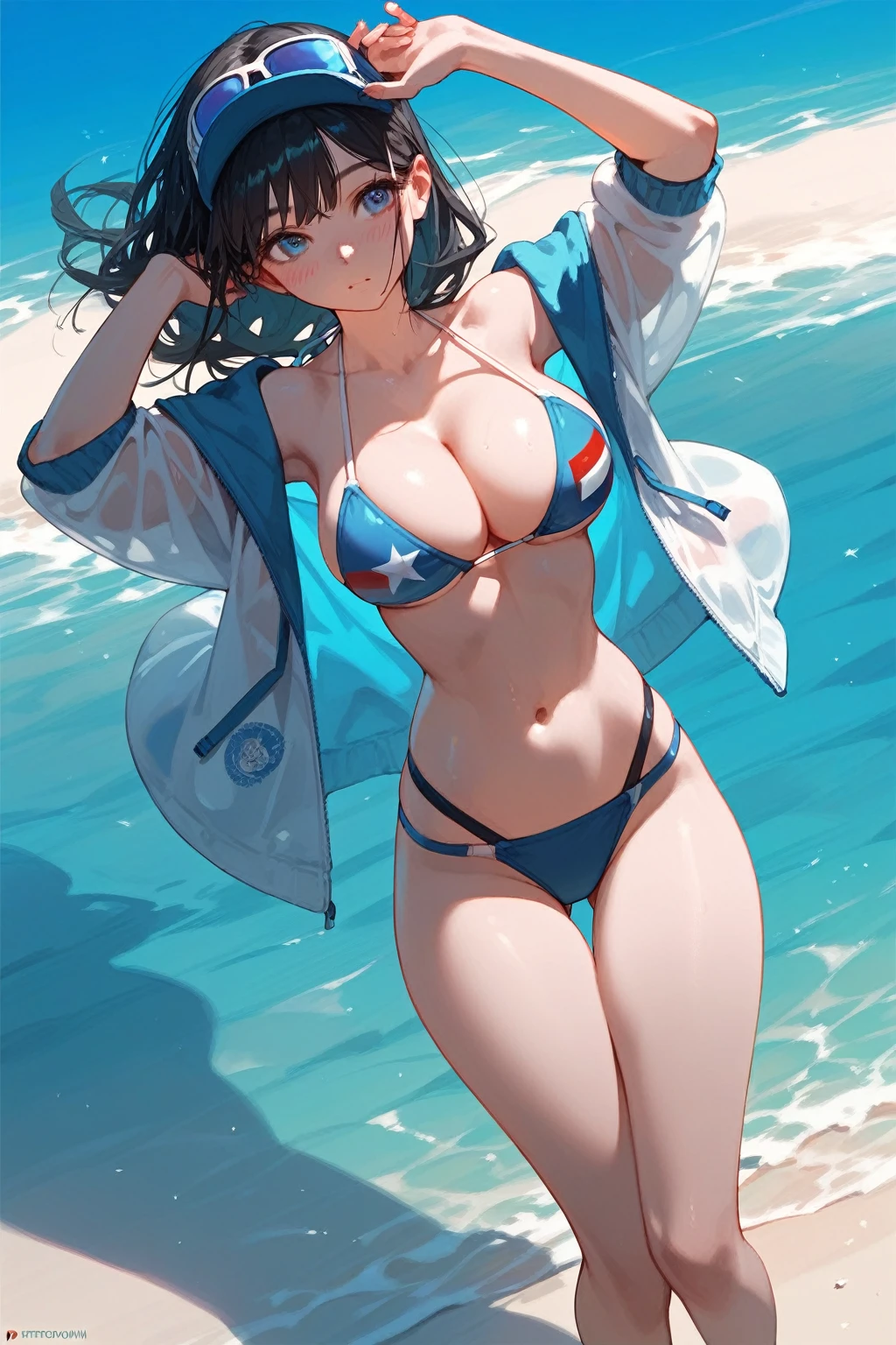 russian girl, 16yo teenager, breasts,1girl,navel,big breasts,bikini,ass visible through thighs,wide hips, big ass, blush,open clothes,from above,1other,long black hair,stomach,blue sky,cleavage,