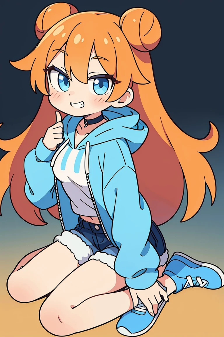 1girl, solo, orange hair, twin buns, blue eyes, eyeliner, light grin, medium breasts, white hoodie with light blue hood, black choker, denim shorts, light blue sneakers, frow below