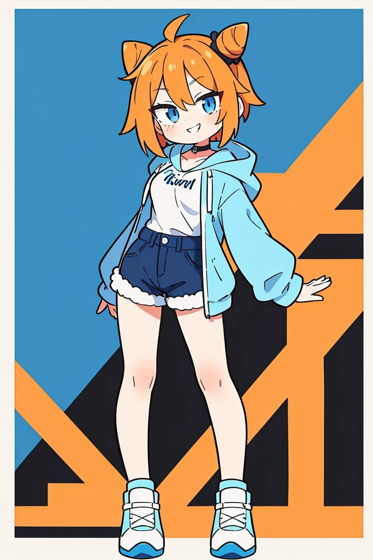 1girl, solo, orange hair, twin buns, blue eyes, eyeliner, light grin, medium breasts, white hoodie with light blue hood, black choker, denim shorts, light blue sneakers, frow below