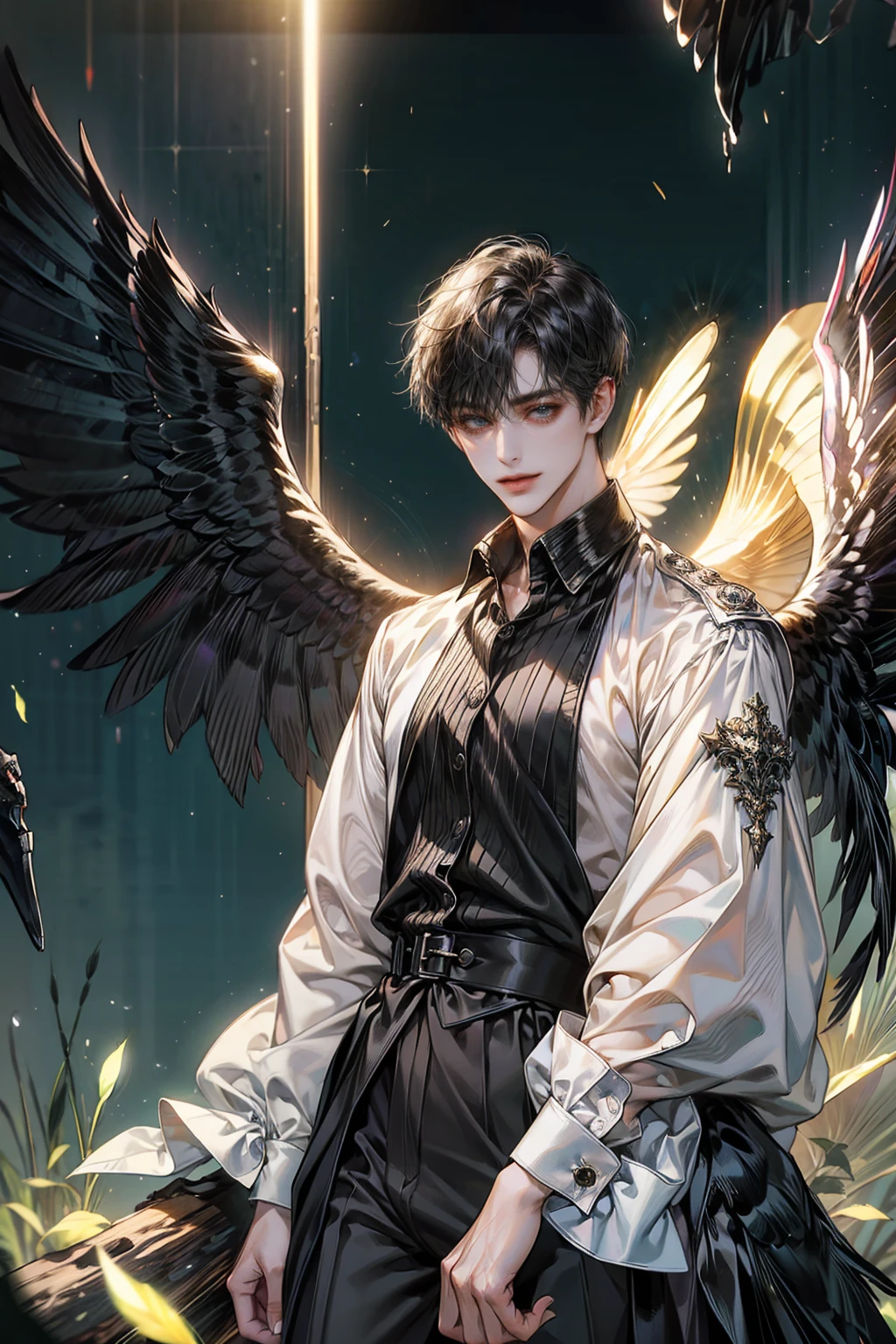 ((masterpiece)), high resolution, Raw photo, perfect limbs, perfect limbs, ((Biologically correct depiction of hands and feet)), ((a beautiful man)), double beautiful eyes, ((Beautiful black hair short hair)), ((With bangs)), smiling, tall, Depth of bounds written, cinematic lighting, Delicate hair depiction, (Handsome guy), detailed, (whole body focus), Nobody is here, beautiful nose, beautiful eyes, Looking at Viewer, night time, long sleeve dress shirt and long pants, black wings growing on the back, A crow is perched on his shoulder