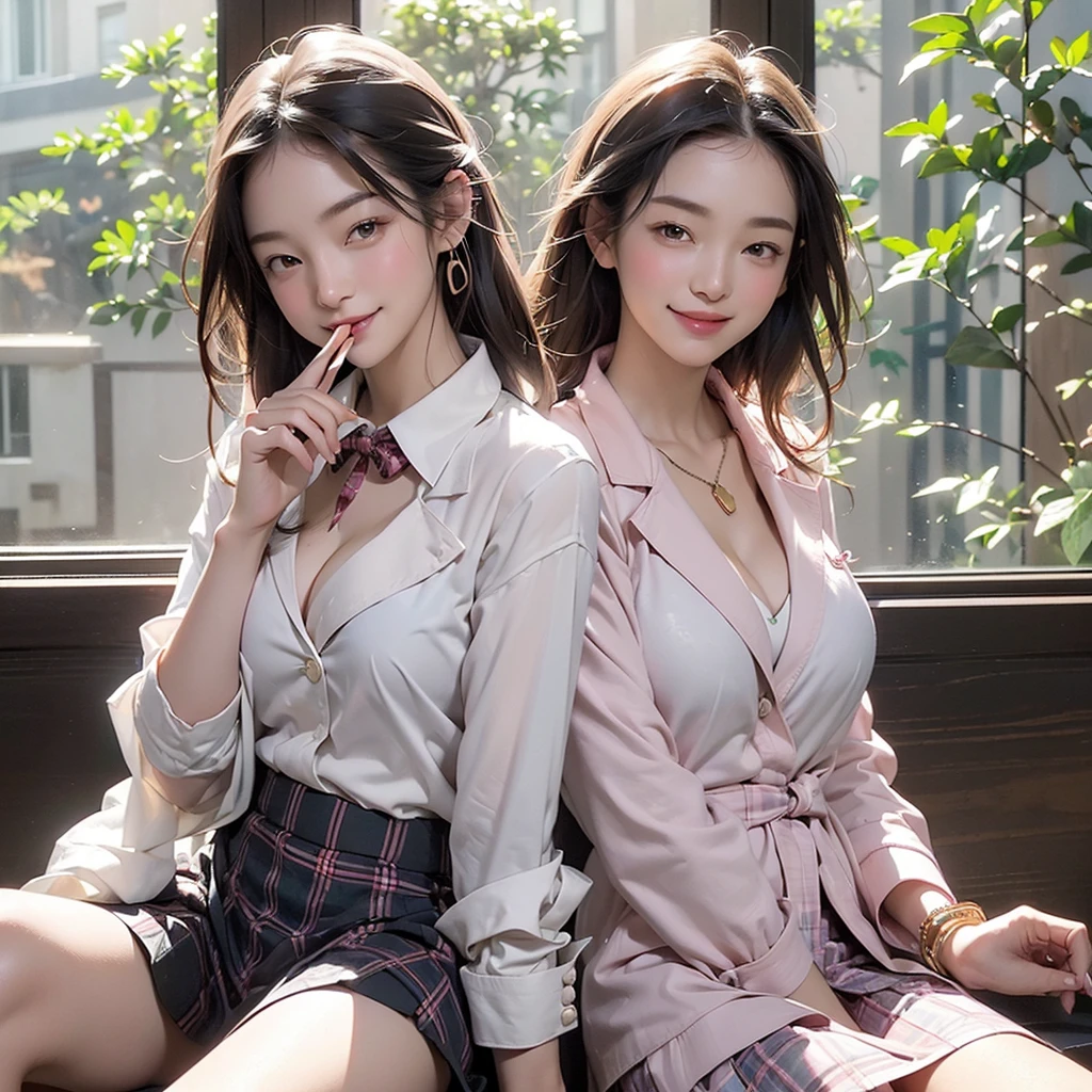 8K、RAW Photos、Highest quality、Super detailed、Super Resolution、Ultra HD、8K壁紙、Amazing details blazer uniform girl ((White blouse with formal collar, Blue Blazer,
Red Check Skirt, Red checkered ribbon on blouse)), Complete limbs, Full Finger,
(((((Starbucks outdoor cafe at the intersection)))))、((16 year old female student))、(((((Eat cake、Drink coffee、smile)))))、(((Heart Necklace、Gold bracelet)))
(((Emphasize cleavage)))
(((((Woman sitting at the window seat)))))
((((Pink floral panties and bra are visible))))
((((Full body photo、The whole body is visible、Full body portrait))))
