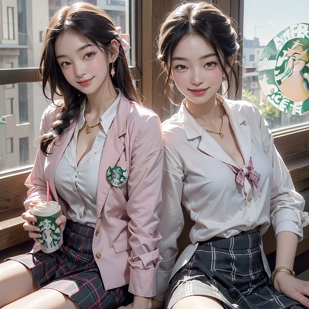 8K、RAW Photos、Highest quality、Super detailed、Super Resolution、Ultra HD、8K壁紙、Amazing details blazer uniform girl ((White blouse with formal collar, Pink Blazer, Black plaid skirt, Red checkered ribbon on blouse)), Complete limbs, Full Finger,
((((Inside the Starbucks store))))、16 year old female student、(((Eat cake、Drink coffee、smile)))、Heart Necklace、Gold bracelet
((Emphasize cleavage))
((((Woman sitting at the window seat))))