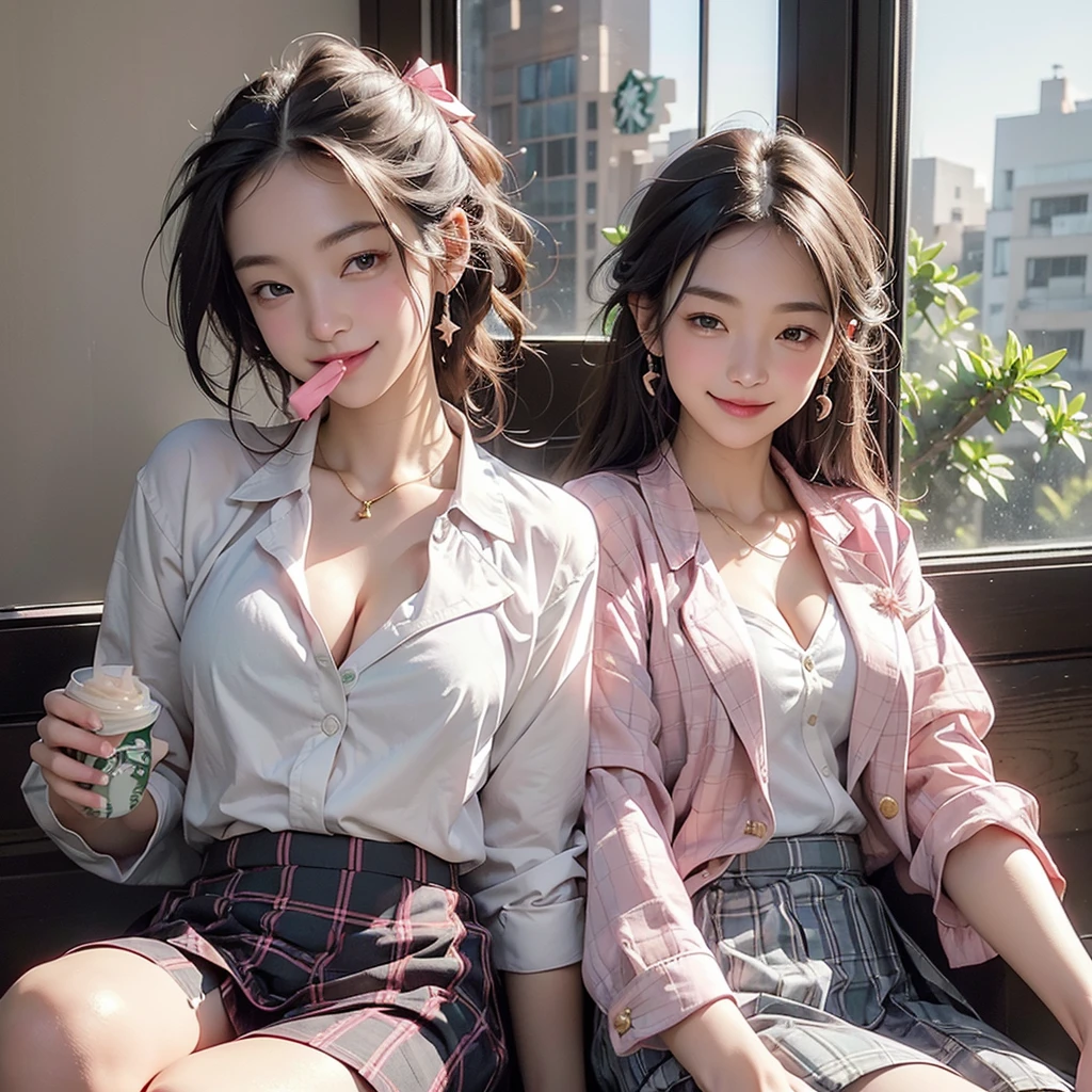 8K、RAW Photos、Highest quality、Super detailed、Super Resolution、Ultra HD、8K壁紙、Amazing details blazer uniform girl ((White blouse with formal collar, Pink Blazer, Black plaid skirt, Red checkered ribbon on blouse)), Complete limbs, Full Finger,
((((Inside the Starbucks store))))、16 year old female student、(((Eat cake、Drink coffee、smile)))、Heart Necklace、Gold bracelet
((Emphasize cleavage))
((((Woman sitting at the window seat))))