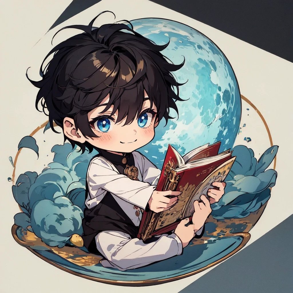 masterpiece , best quality , man , reading , chibi anime boy , smile , black hair