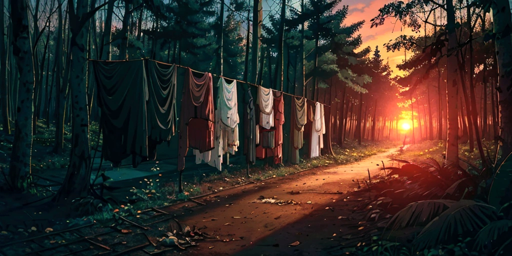 old clothes on ground and on bush, no person in image, dirty bush, sunset colors, abandoned, detailed image, forest in background, panties and bra on floor dirty