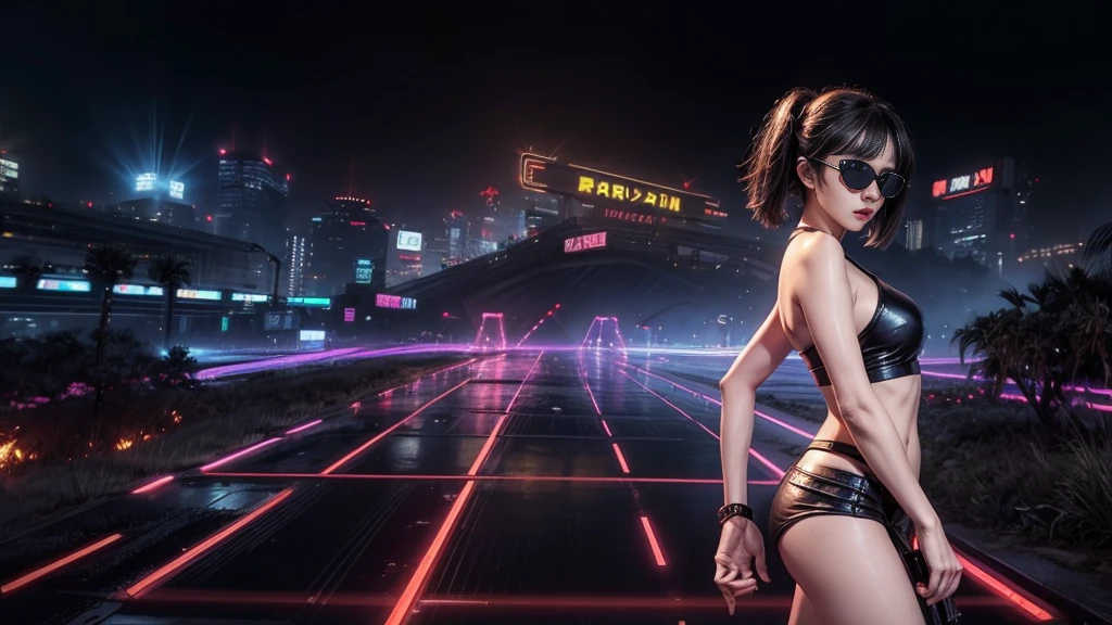 8k, Realistic Skin Texture, Realistic Photo, Neo Tokyo, slim women, large-breast:1.4 cleavage:1.3, AD2050 at night, Dirty hunting jacket, Wearing tube top, miniskirt, (((black sunglasses, automatic rifle, sneakers, cold, shooting pose, very low angle view))), Innovative composition, revenge, cyberpunk, blade runner worldview, Large neon sign, Geisha hologram sign, Strong Wakamoto Sign.