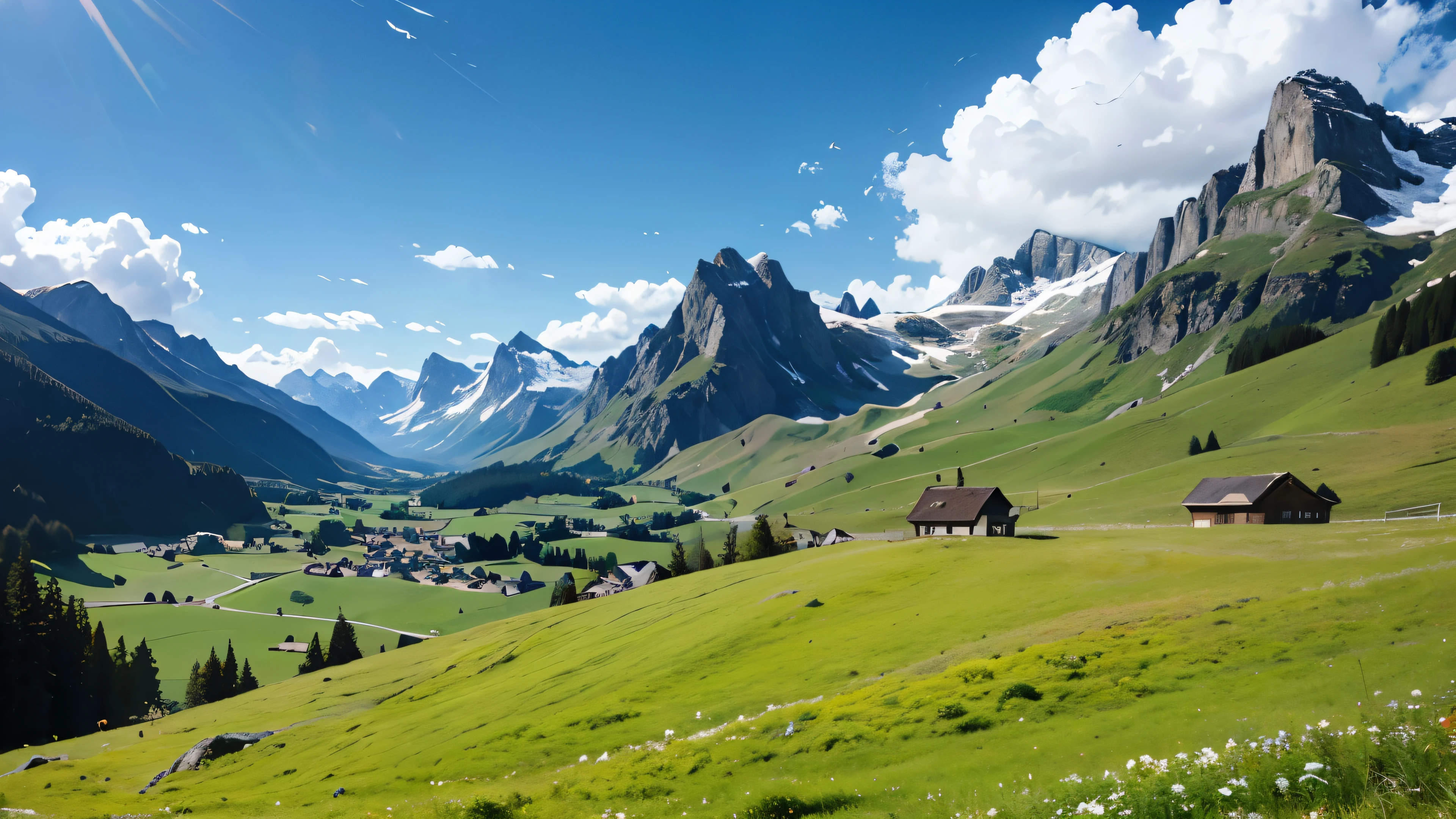 masterpiece, high land, Swiss Alps, Ranch, daytime