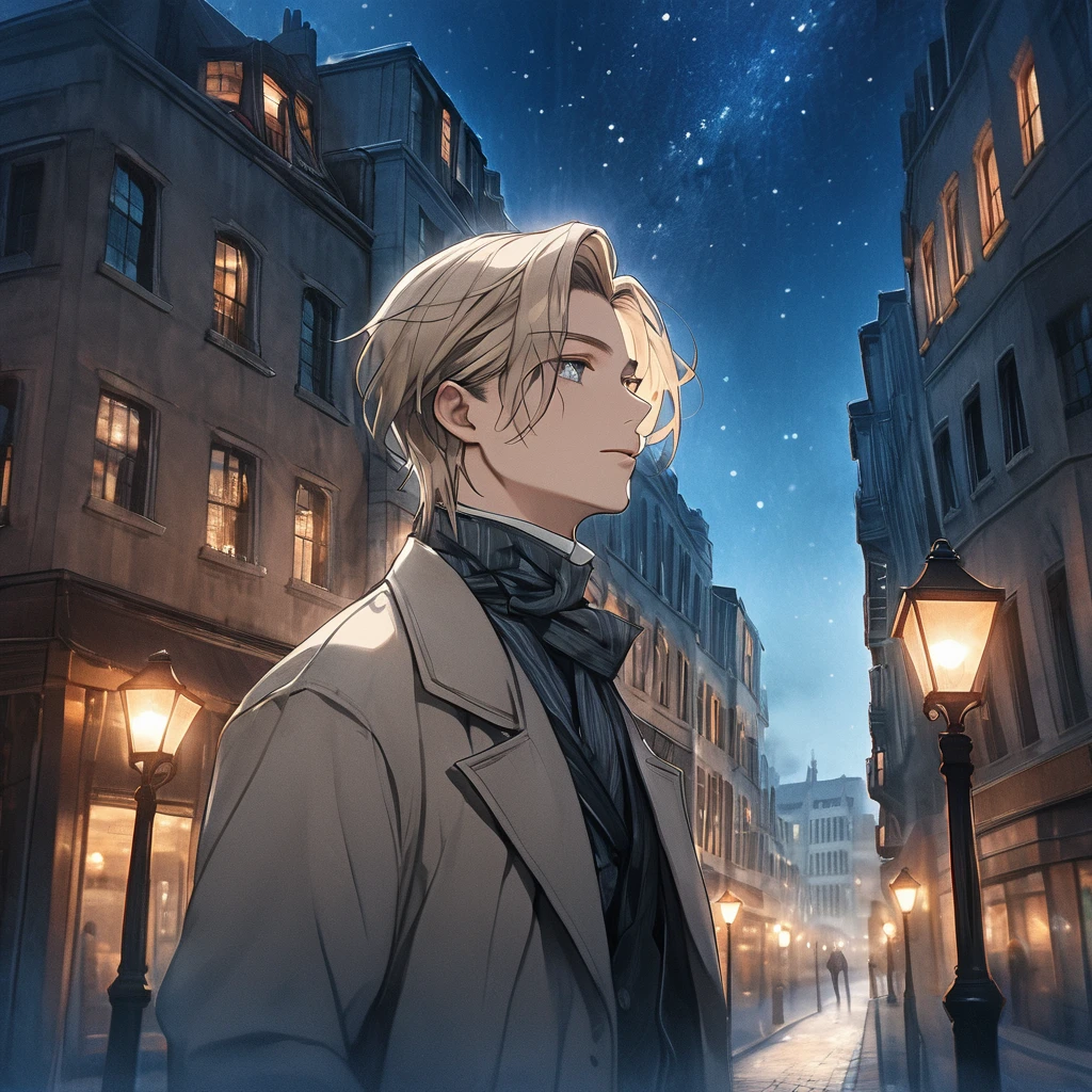 Perfect Face, A gentlemanly 28-year-old man, Milk beige hair color, Oil pastel style, Looking up at the stars, Chic atmosphere, The faint light of street lamps in the background, --Rainbow 5, 4K