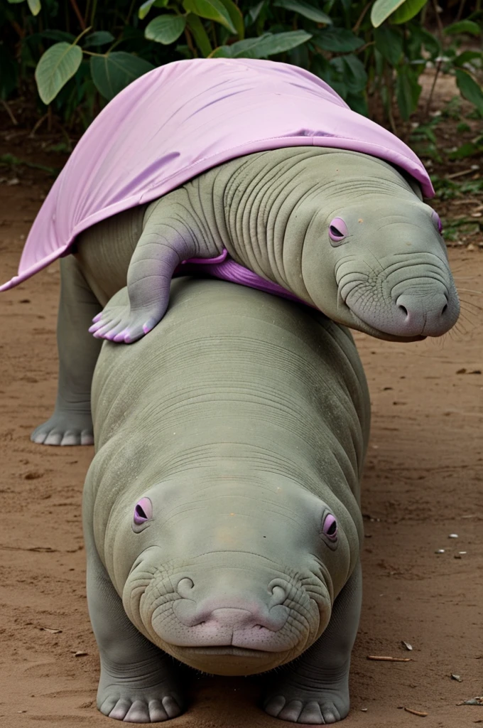 dugong's body is pink and both eyes are green. It has 6 legs like a caterpillar and all its legs are orange. It has two sharp tails. and the tail is purple. This dugong also has teeth like a walrus and has tentacles. Dugong's wearing a chef hat too and wearing a backpack to school.