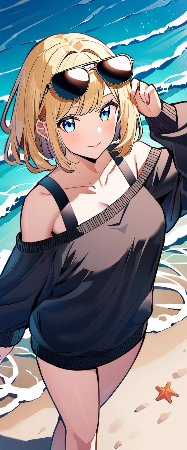 ((sea, beach)), Bare legs, Starry Sky, ((from above)), (((sunglasses, hand to sunglasses))), (((cowboy shot))), ((wavy hair, inward curled hair)), ((blond hair, bob cut:1.3)), breasts, teenager, (looking at viewer), oversized clothes, puffy long sleeves, ((off-shoulder sweater:1.3, Quite thick shoulder straps)), ((black sweater)), collarbone, head tilt:1.3, (((blue eyes))), ((happy smile)), (((anime style))), (best quality, 4K, 8K, highres, masterpiece:1.2, ultra-detailed, ultra-detailed eyes, HDR, uhd, studio lighting, ultra-fine painting, sharp focus, physically-based rendering, extreme detail description, professional, vivid colors, bokeh)