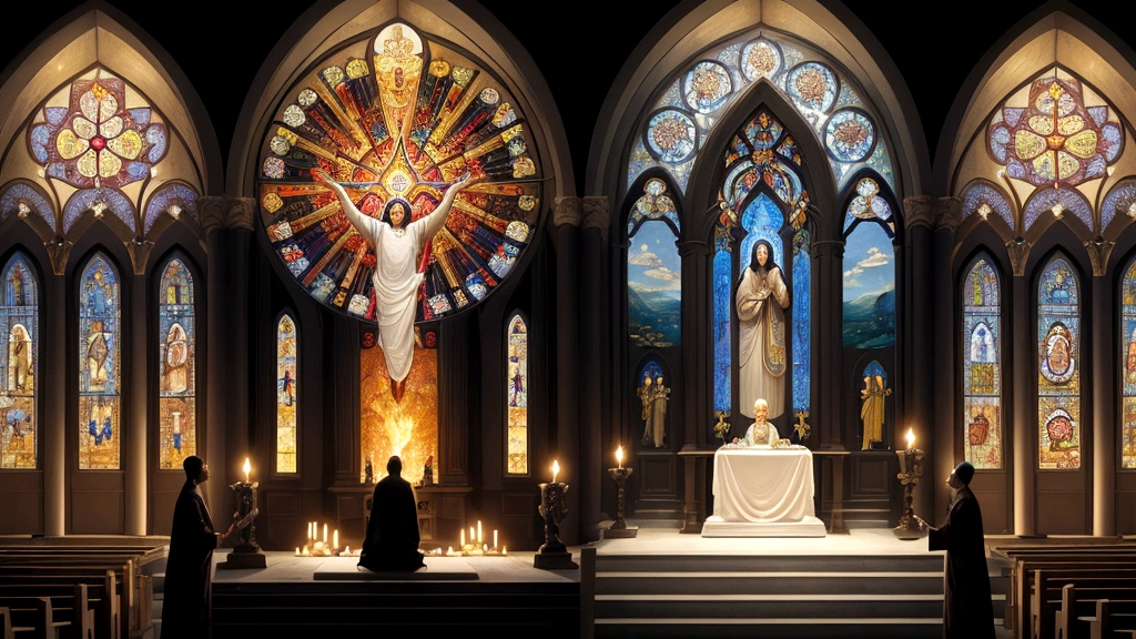 "Description: Illustrate a collage of diverse scenes depicting different interpretations of the afterlife within modern Christianity. Show representations of traditional views like Heaven as a place of eternal reward and Hell as a realm of punishment, alongside newer perspectives emphasizing concepts such as spiritual transformation, universal reconciliation, and soul sleep.
Details: Use a mosaic layout with vignettes showing various denominational perspectives and cultural influences. Include visual motifs like gates of Heaven, fiery pits of Hell, serene landscapes of spiritual renewal, and symbols of unity and diversity among believers. This visual should capture the diversity and complexity of contemporary afterlife beliefs across different Christian denominations and theological schools of thought."