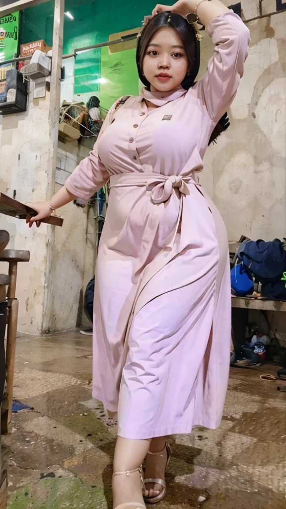 Indonesian woman, chubby body, wearing long dress
