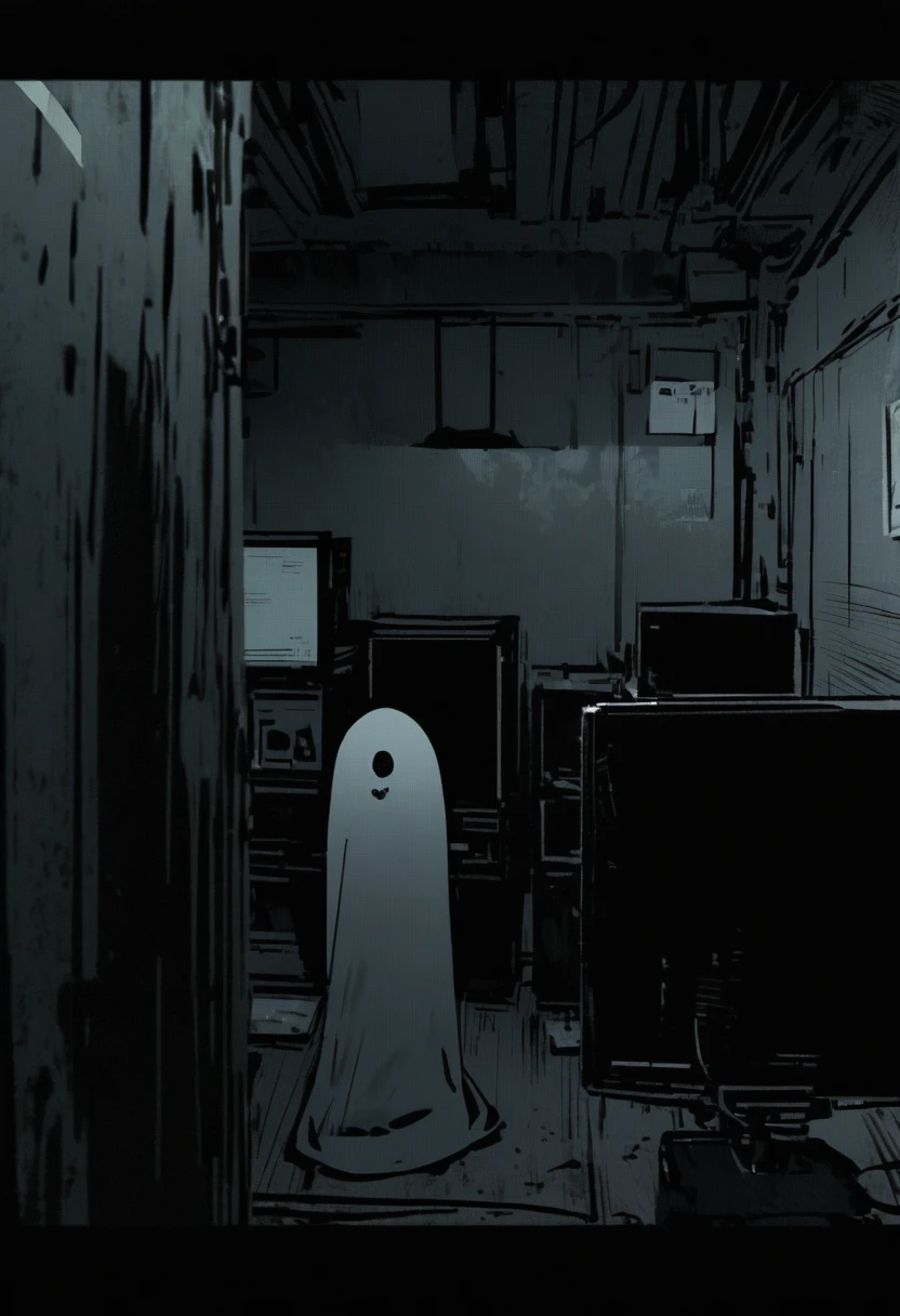 cctv footage of an extremely dark empty room with evil horror humanoid Japanese Ghost