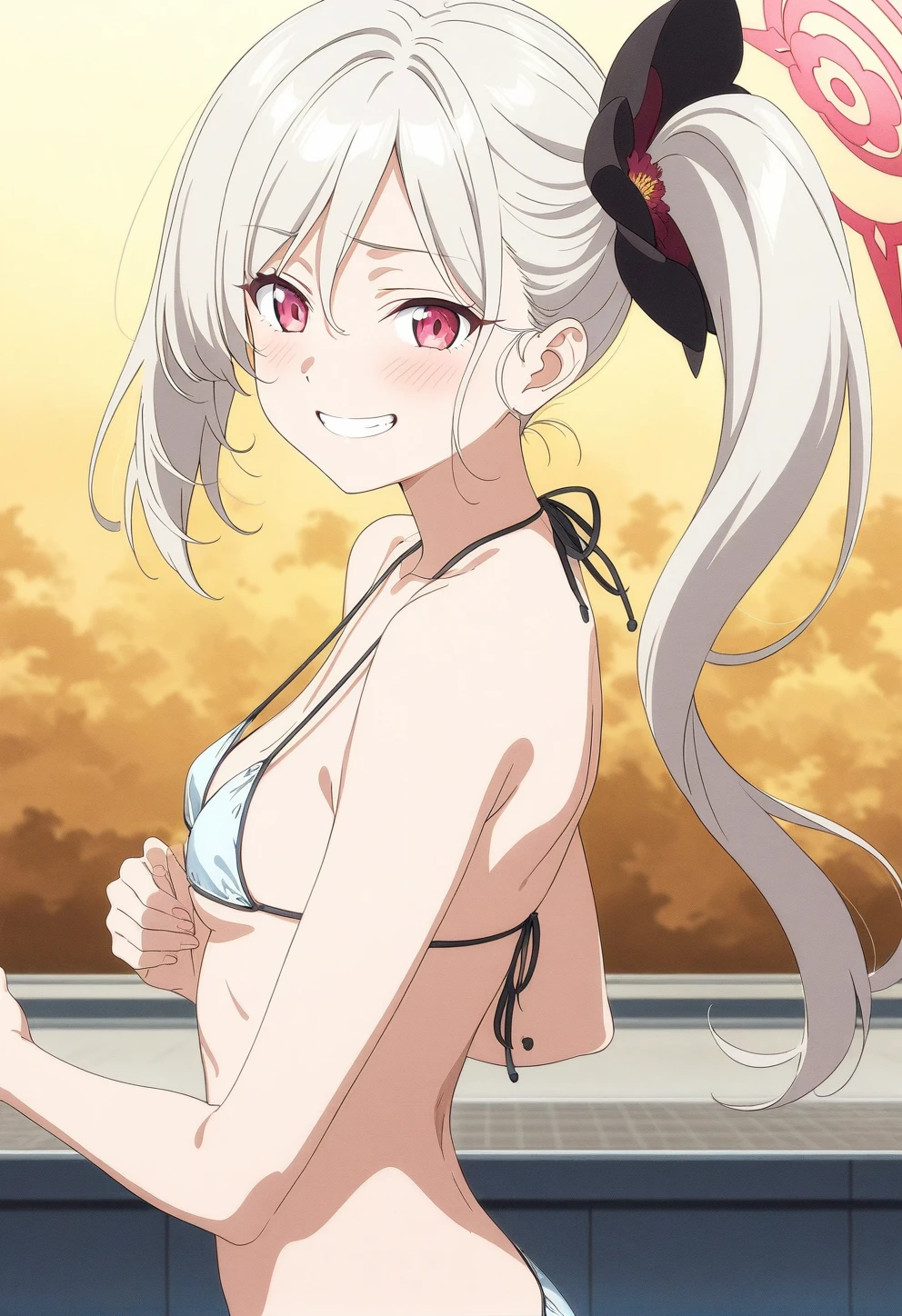 best quality, amazing quality, very aesthetic, absurdres, (1girl, mutsuki, blue archive, solo, red eyes, white hair, side ponytail), (realistic face:0.9),(string bikini:1.8),dress lift, (grin, blush, thigh:1.3), (cowboy shot), (glowing eyes), (half closed eyes:0.9), (from side:2), (official art:1.3), (pool), expressive eyes, perfect face, 4k, extremely detailed anime illustration, extremely detailed eyes, perfect anatomy, light rays, extremely delicate body, smooth skin, (anime background:1.5), clear eyes, beautiful face, small breasts,(anime style:1.7), (Warm Light:1.5), (highres:2),