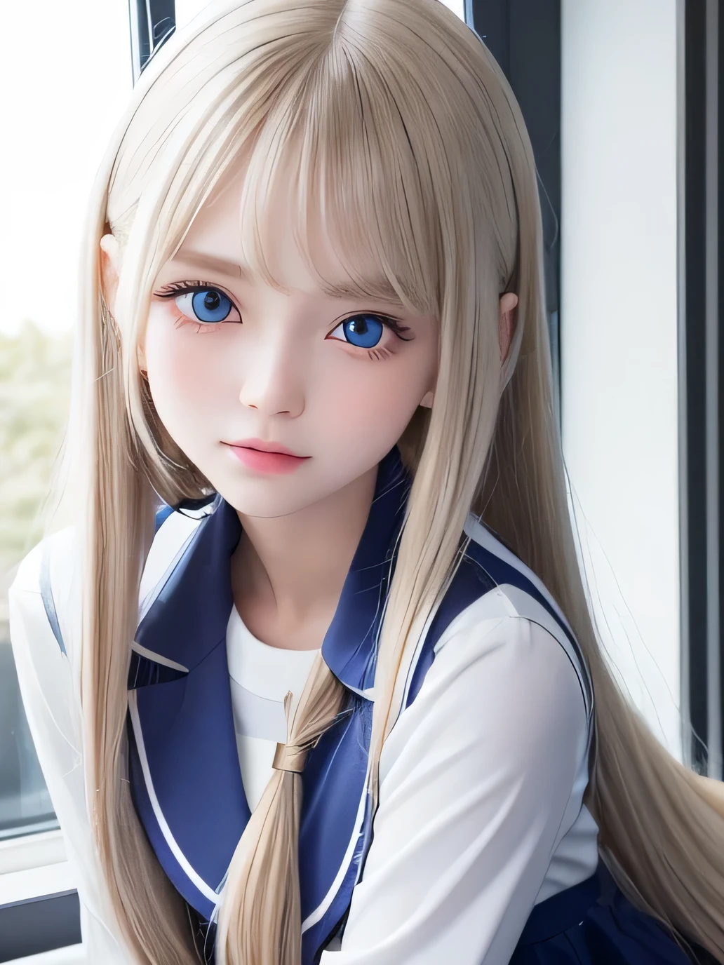 portlate、School Uniforms、bright expression、poneyTail、Young shiny shiny white shiny skin、Best Looks、shiny light hair,、Super long silky straight hair、Beautiful bangs that shine、Glowing crystal clear attractive big blue eyes、Very beautiful nice cute 16 year old girl、Lush bust