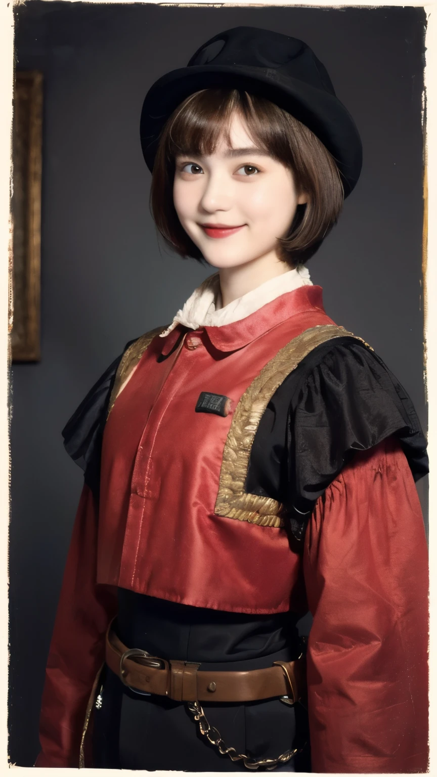 252 (An 18-year-old female and an 18-year-old male), (short hair),kind, lipstick, (Rembrandt-style painting), smile