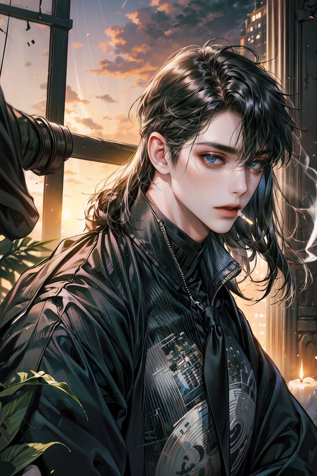 (absurdres, highres, ultra detailed, HDR), masterpiece, best quality, hayakawa aki, 1boy, solo, handsome, topknot, thin and slender, default_cloth, black jacket, collared shirt, black necktie, black pants, smoking, cigarette, detailed face, detailed eye, detailed hair, detailed outfit, collapsed cityscape, luxurious, 8k, detailed, ray tracing, depth of field, cinematic lighting, looking at another, cloudy sky, city