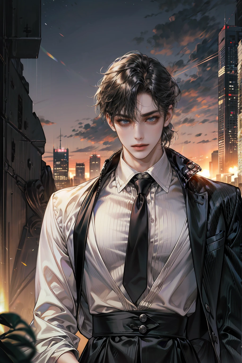 (absurdres, highres, ultra detailed, HDR), masterpiece, best quality, hayakawa aki, 1boy, solo, handsome, topknot, thin and slender, default_cloth, black jacket, collared shirt, black necktie, black pants, smoking, cigarette, detailed face, detailed eye, detailed hair, detailed outfit, collapsed cityscape, luxurious, 8k, detailed, ray tracing, depth of field, cinematic lighting, looking at another, cloudy sky, city