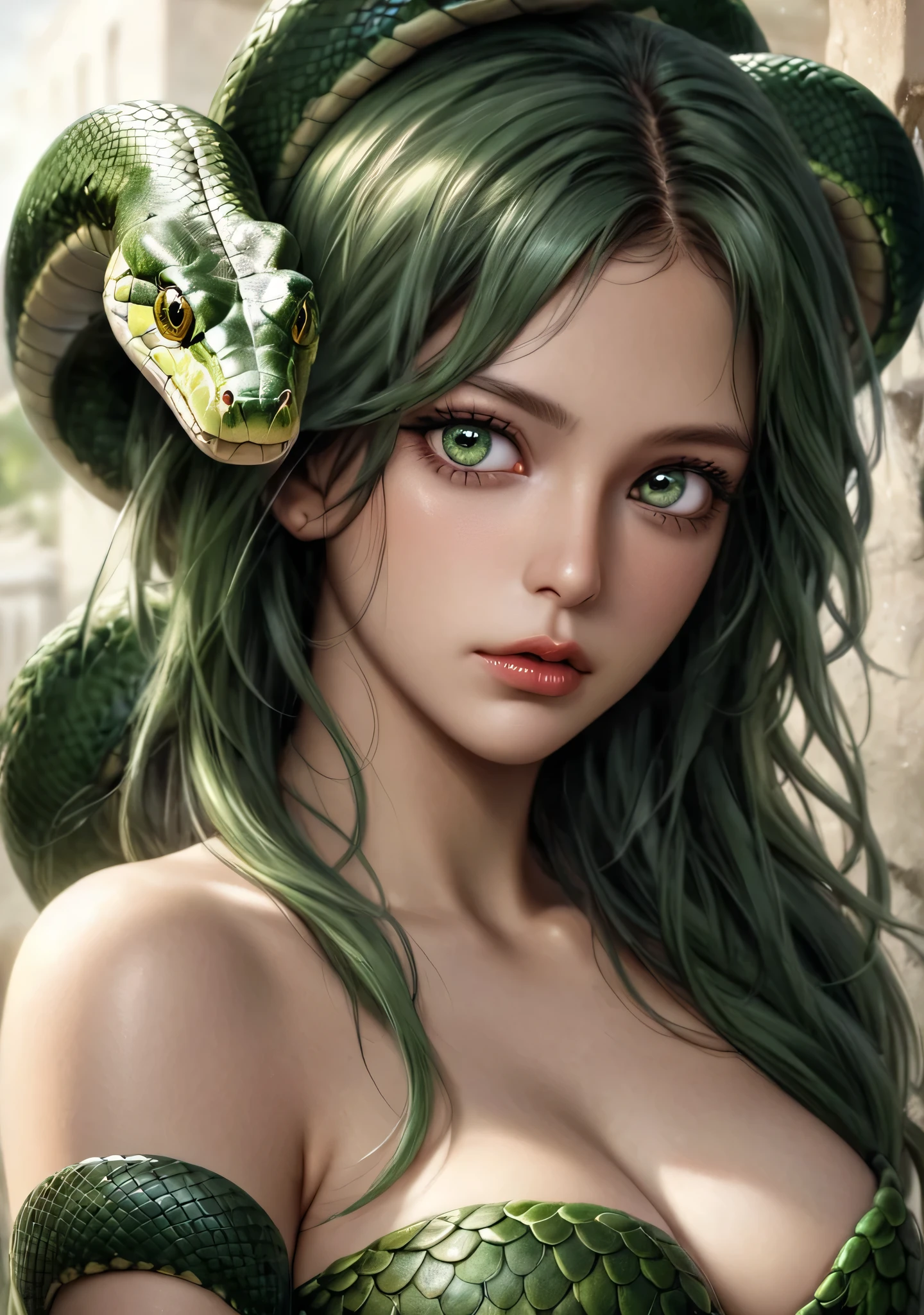 Medusa, Greek mythology, a beautiful and sensual woman, green skin, serpent eyes, piercing eyes, with live snakes for hair, skin covered in scales, medium breasts, realism, high definition, hdr, 4k, realism, ultra realistic , body from the waist up