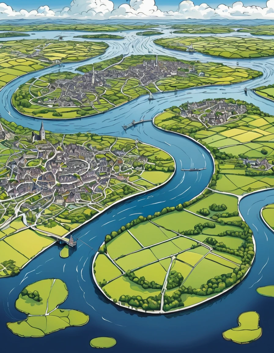 Imagine le plan dessiné vu du ciel, d'un pays d'origine celtique, inspiré de l'Irlande, les villes, les lacs et les rivières sont visibles